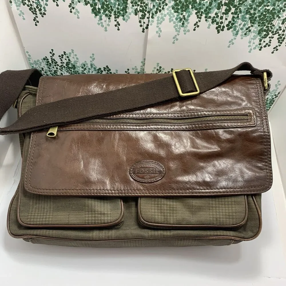 Fossil Leather & Fabric Messenger Laptop Adjustable Strap Bag Men’s